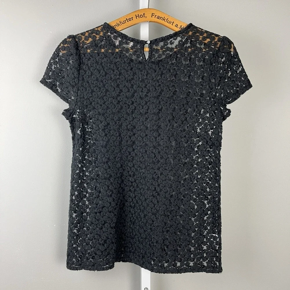 Ann Taylor LOFT Sheer Black‎ Top Shirt Womens S Nylon Mesh Floral Embroidered - Picture 5 of 6